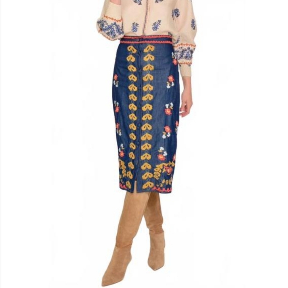 NEW Elizabeth James Denim Embroidered Frannie Midi Skirt Western Cowgirl, Sz M - Picture 2 of 12